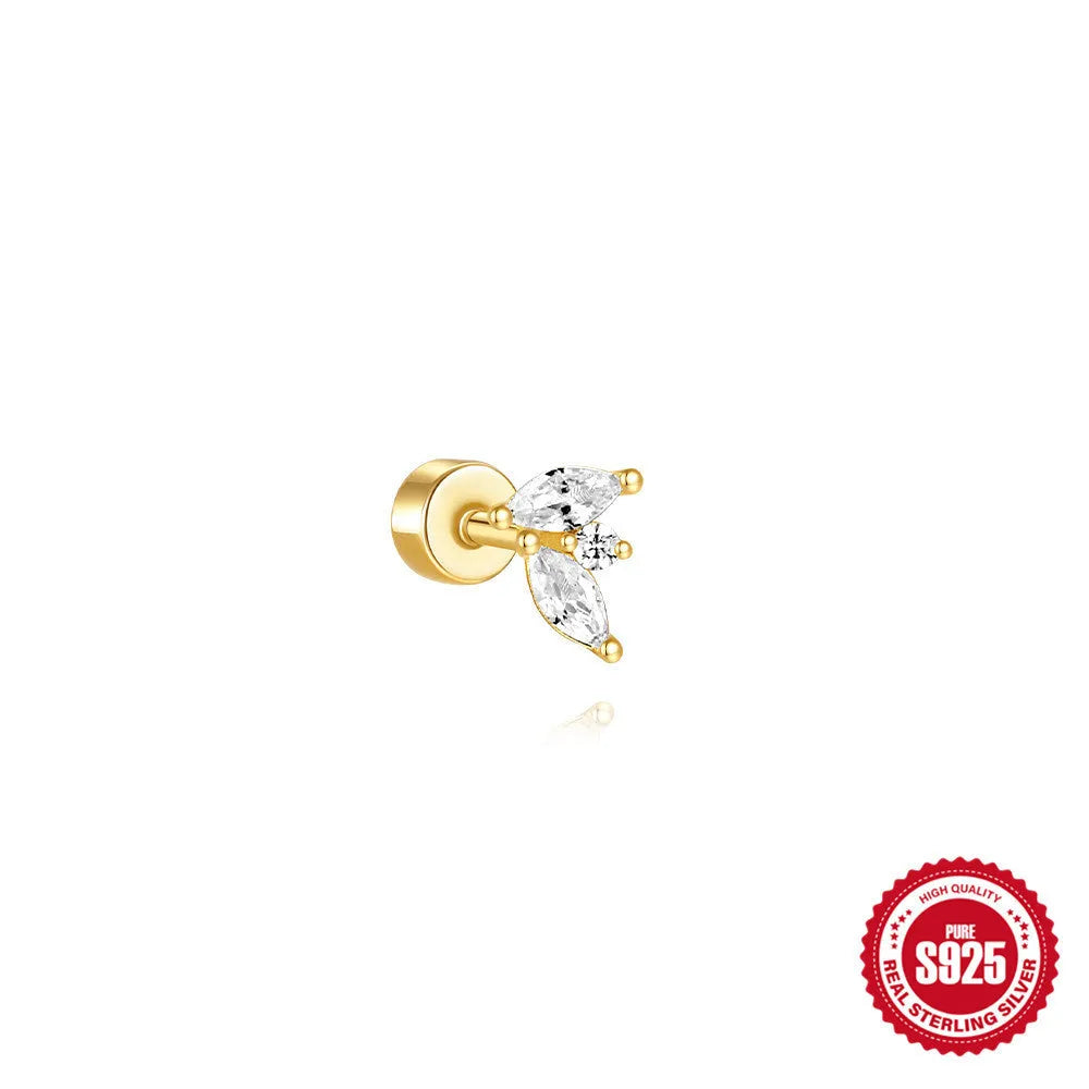 S925 sterling silver flat column geometric ear bone stud with threaded post in a gold colour finish.