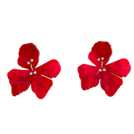 Silver needle resin diamond flower earrings in retro style, available in coffee colour, green, red, or white.