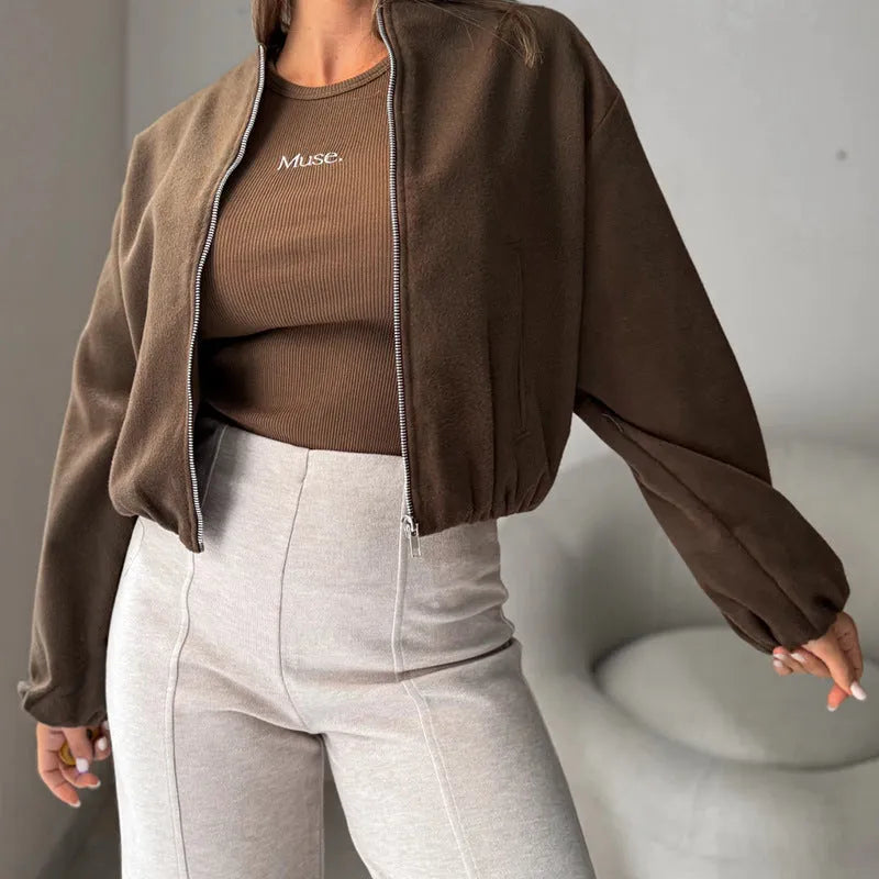 Milky White women's off-shoulder short coat with lantern sleeves and side pockets.