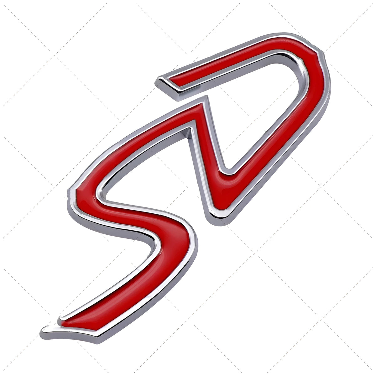 Red and silver metal SD logo car sticker for bumper modification next to a smaller D logo sticker.