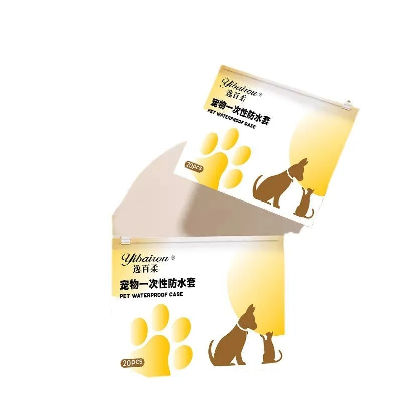 A pack of 20 white disposable waterproof dog booties made from non-woven fabric, shown in S and M sizes.