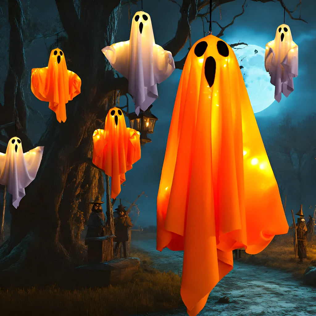 White and orange cloth ghost scream Halloween indoor party lighting with 4.5V button electronics