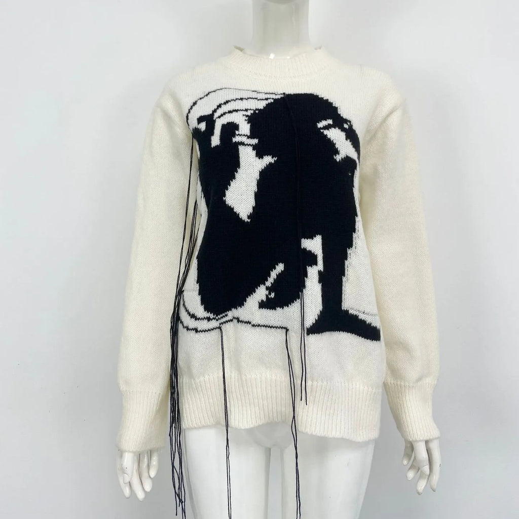 Women's alpaca wool sweater with abstract pattern and tassel design in loose street fashion style