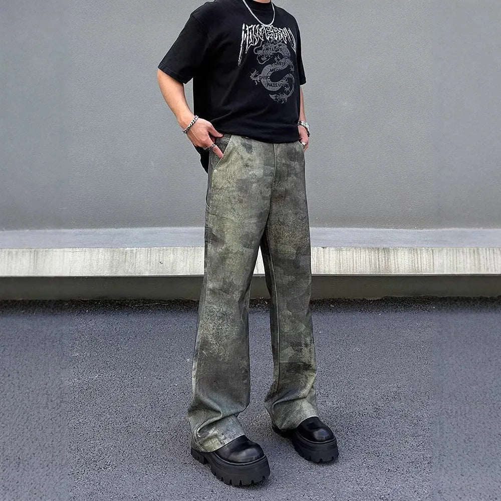 Men's straight leg digital camouflage jeans in cotton denim with retro military pattern
