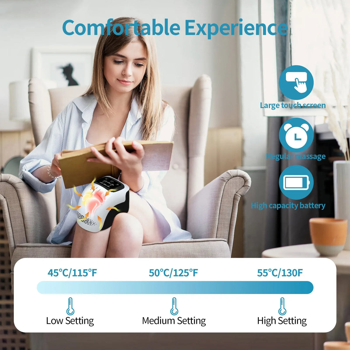 Intelligent electric knee massager with heating, kneading, infrared laser and vibration functions in white colour