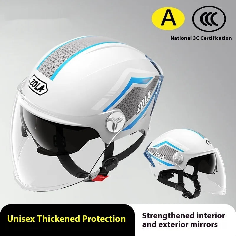 Children's 3C battery motorcycle half helmet with double mirror visor in light brown colour