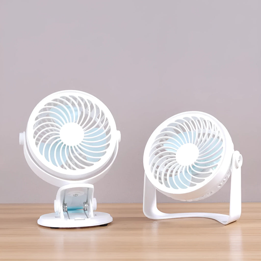 USB desktop fan with clip attachment showing compact 19x15x10cm design and three blades