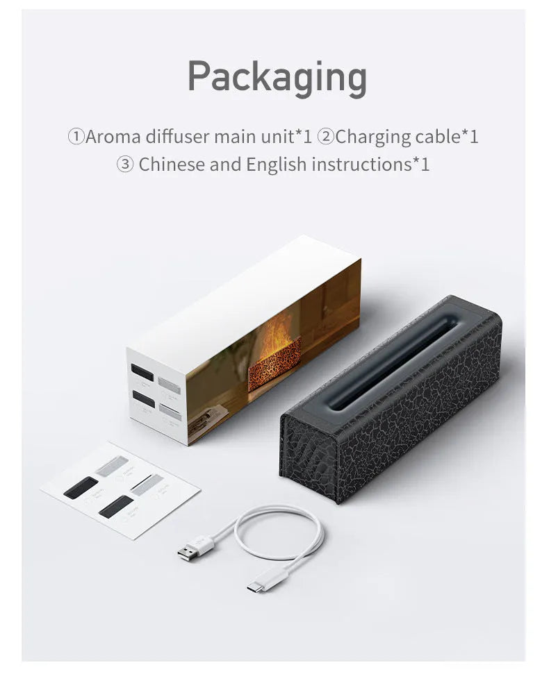 Creative square desktop humidifier and aroma diffuser with colourful flame lighting effect in black and white colour options.