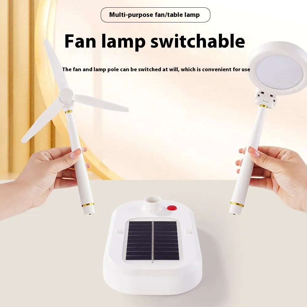 Ivory white solar-powered table fan with integrated LED desk lamp on a wooden table.