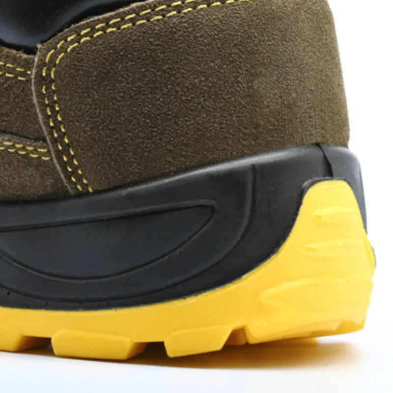 Bronze cow suede leather men's safety boots with a steel toe cap and patterned non-slip sole.