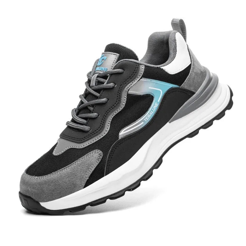 Men's low-top grey work shoes with shoelaces, featuring a plastic steel toe and a mesh and leather upper.