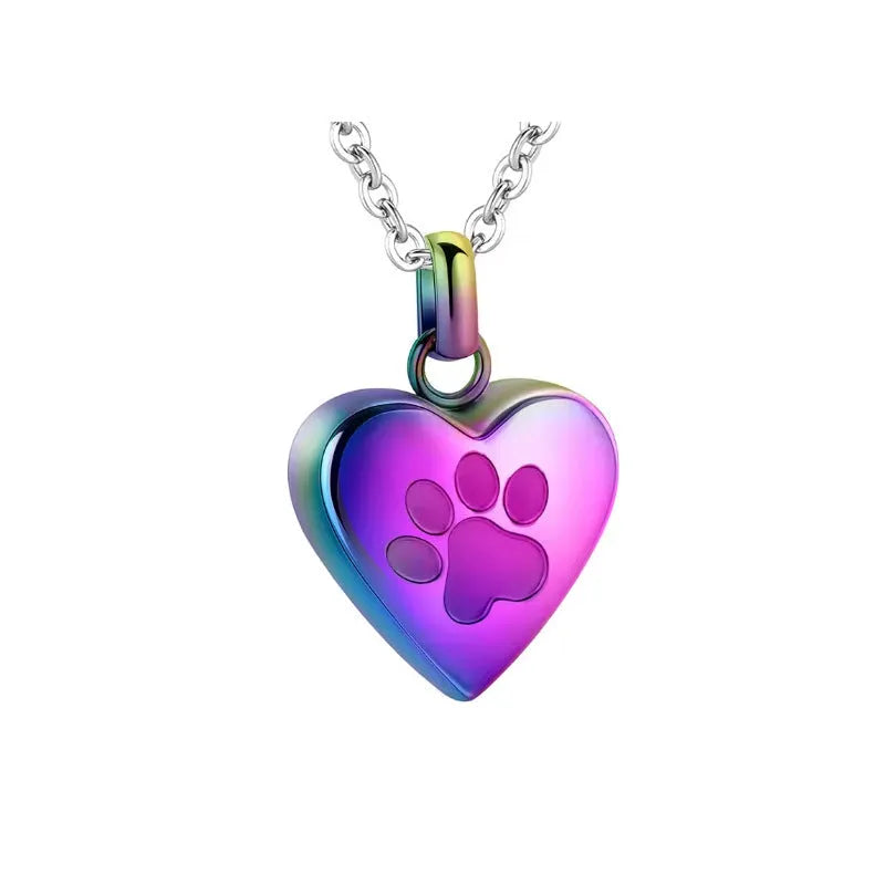 Titanium steel heart pendant necklace with paw print design and openable cinerary casket