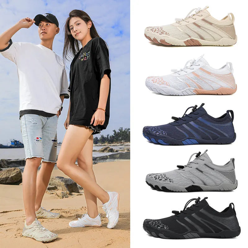 Beach running shoes in stretch Lycra fabric, shown in beige colour.