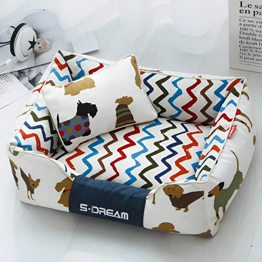 Washable dog cat bed in canvas and oxford cloth, Mi Puppy brown or yellow, sizes S M L with optional small pillow