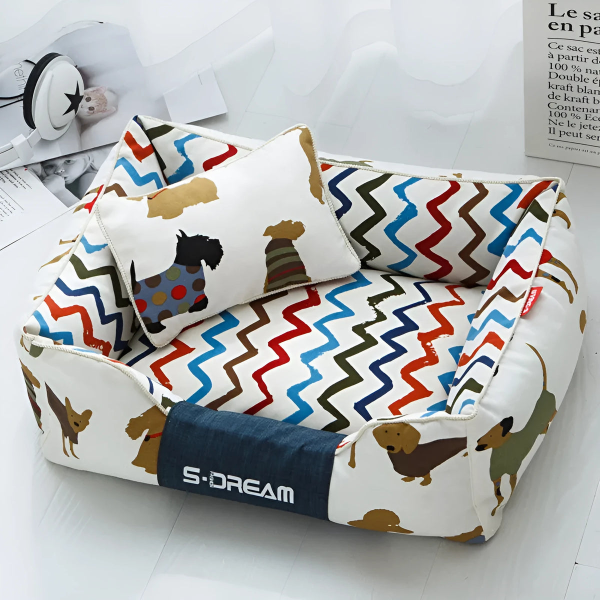 Washable dog cat bed in canvas and oxford cloth, Mi Puppy brown or yellow, sizes S M L with optional small pillow