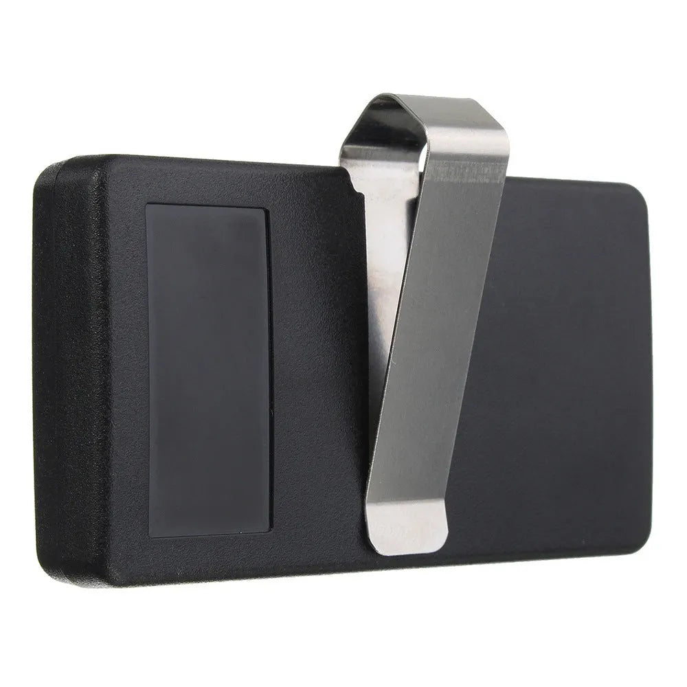 Black three-button garage door remote control showing front view with dimensions 80x47x17mm