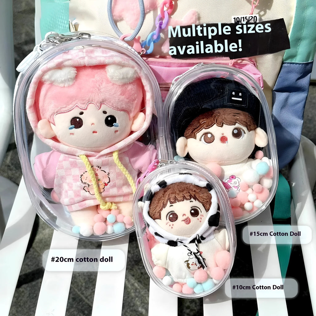 17cm transparent PVC storage bag with colourful ball keychain for doll collectibles