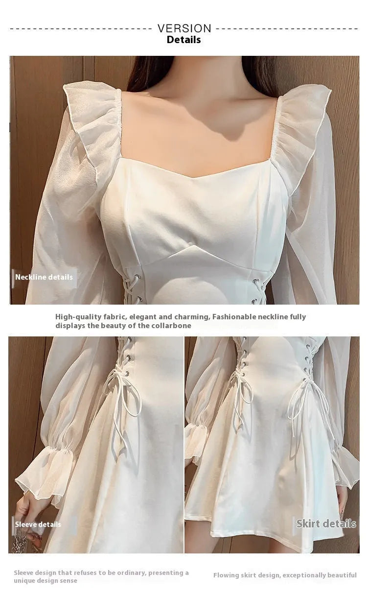 White waist-slimming chiffon patchwork dress with long sleeves on a woman