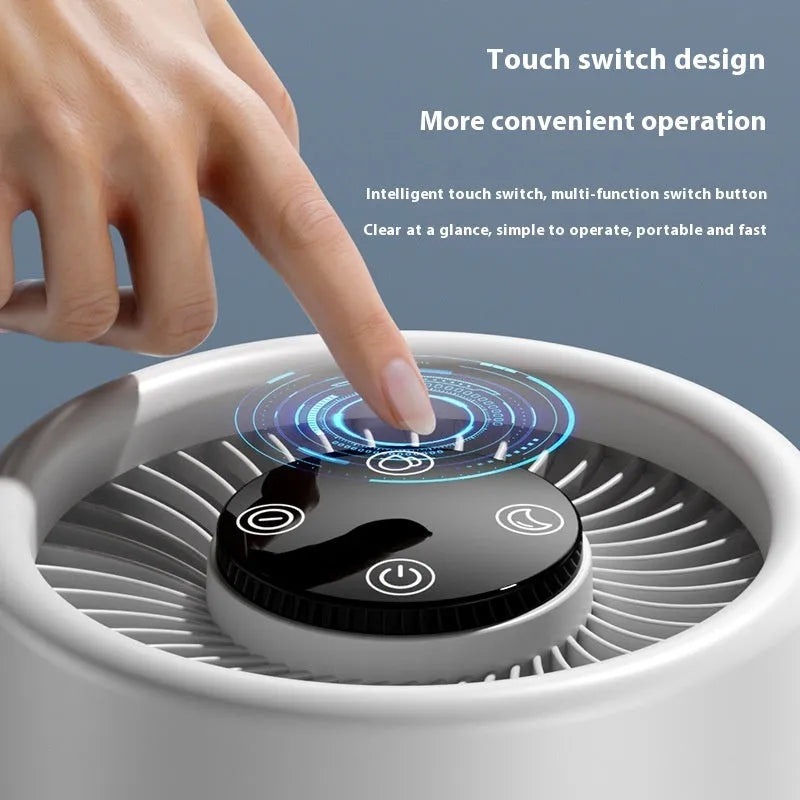 White desktop air purifier unit on table with USB cable for small room air cleaning