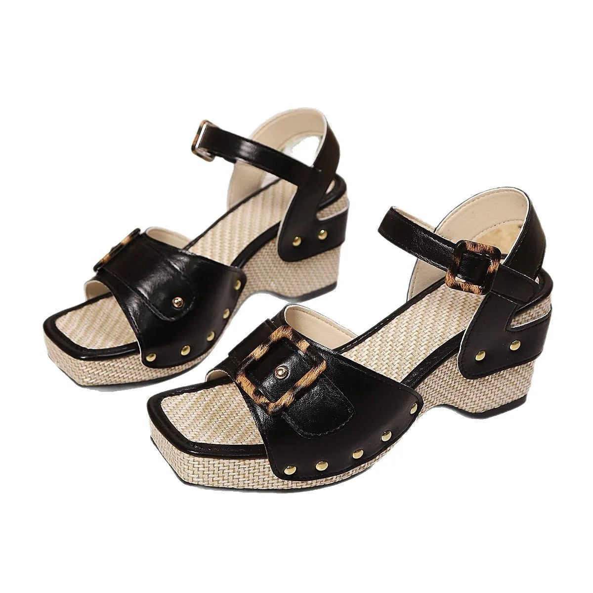 Women's white chunky heel sandals with a metal buckle and square toe on a rubber sole.