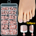 Box of 120 French white edge nude full square short artificial nail tips on a white background.
