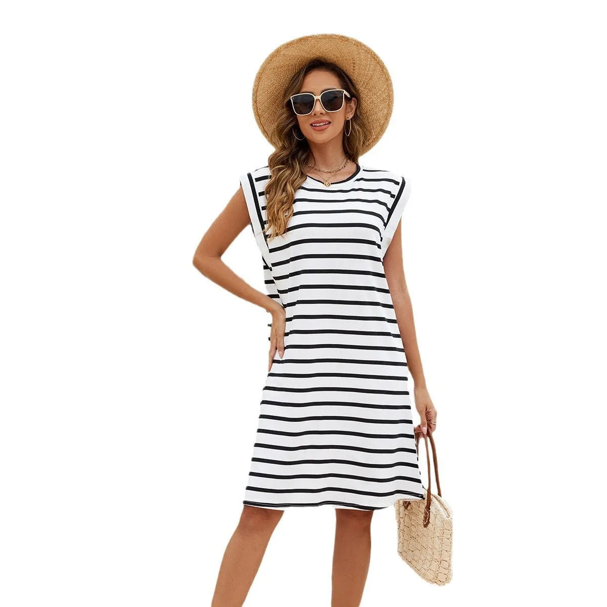 Black and white striped beach cover-up blouse with ruffle detailing for women in polyester fabric