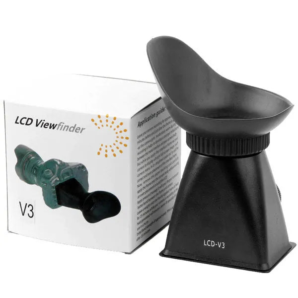 Black camera LCD viewfinder amplifier with magnetic mount attached to a DSLR screen.