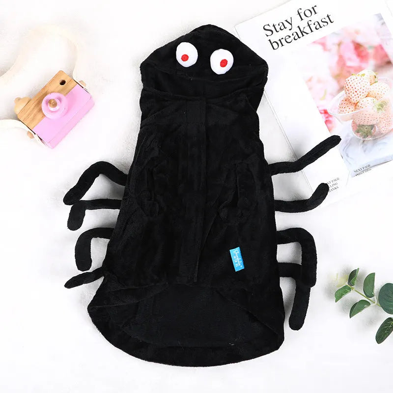 Polyester dog costume with black spider pattern for Halloween events in small, medium, or large sizes