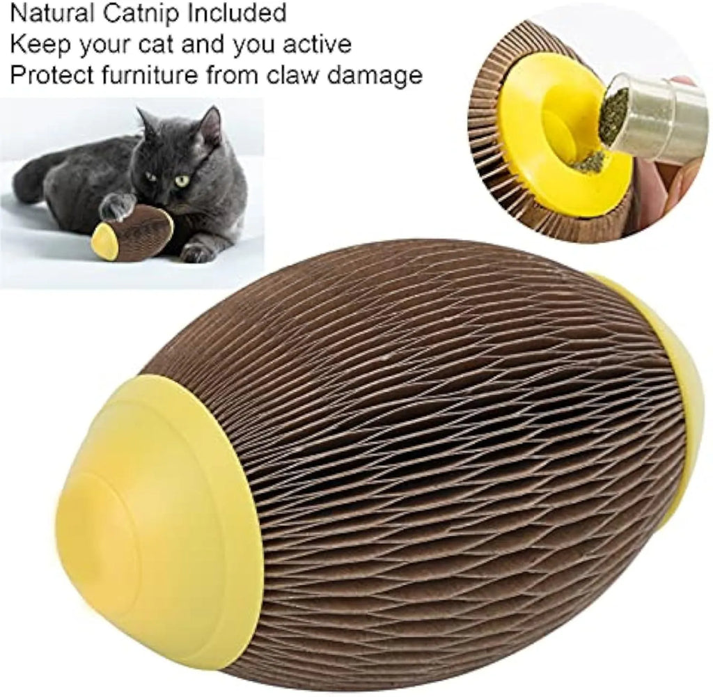 Elliptical catnip ball toy made from recycled corrugated paper for cats to play with.