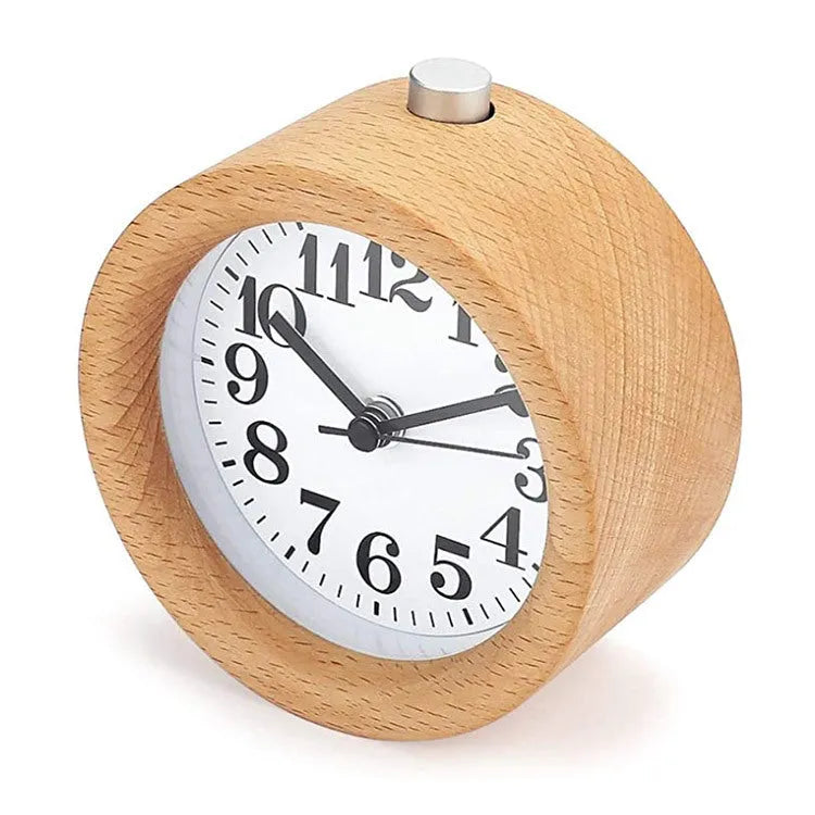 Solid beech wood bedside alarm clock with silent snooze function and 9.5cm diameter