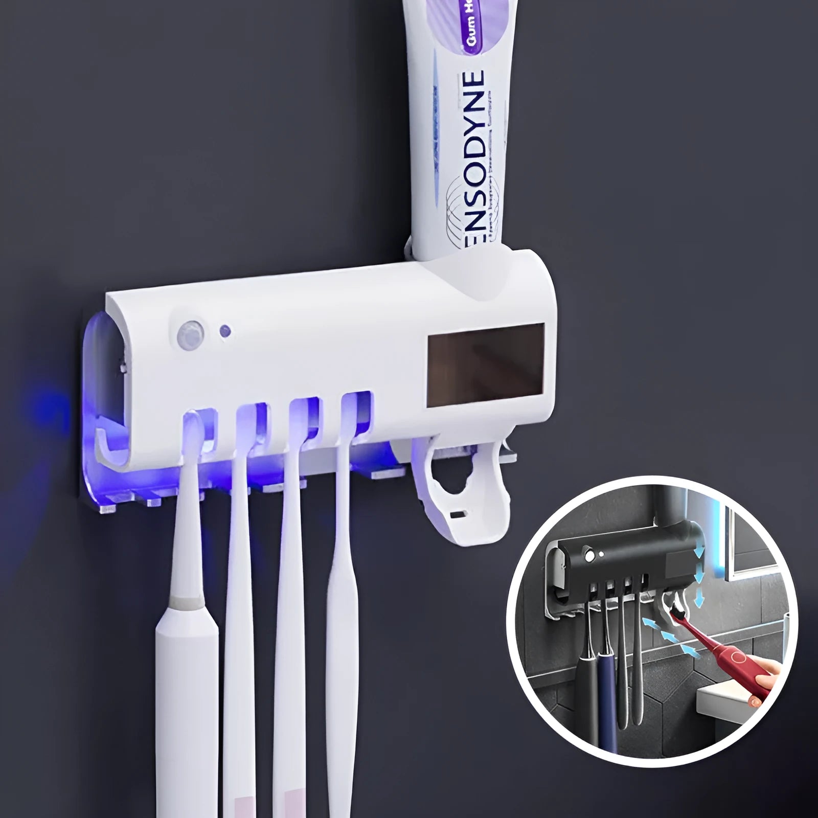 Black wall-mounted toothbrush steriliser with UV light and automatic toothpaste squeezer