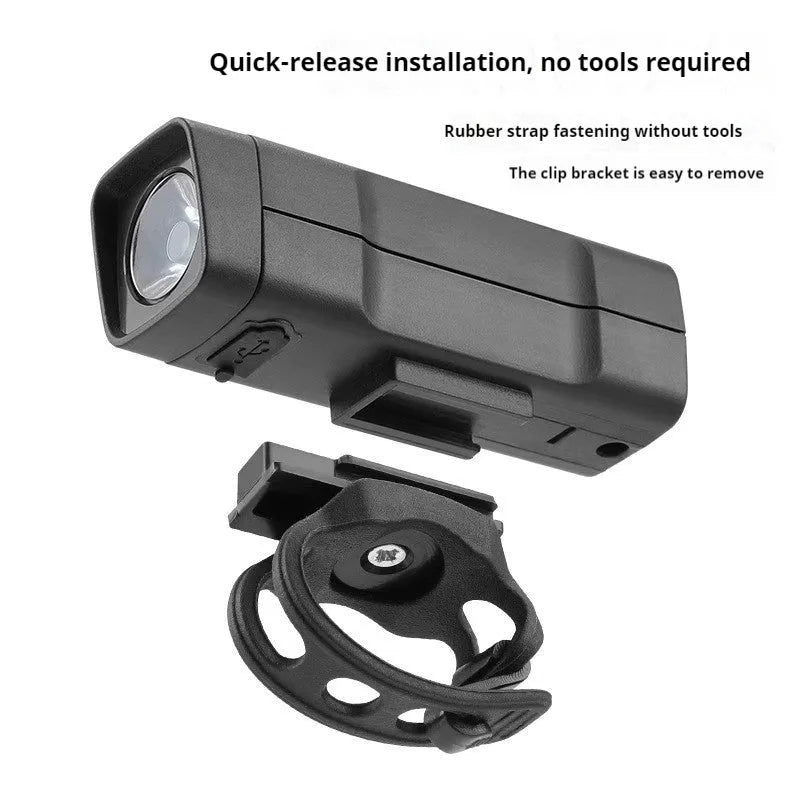 USB rechargeable bicycle headlight with LED lighting and quick release strap bracket