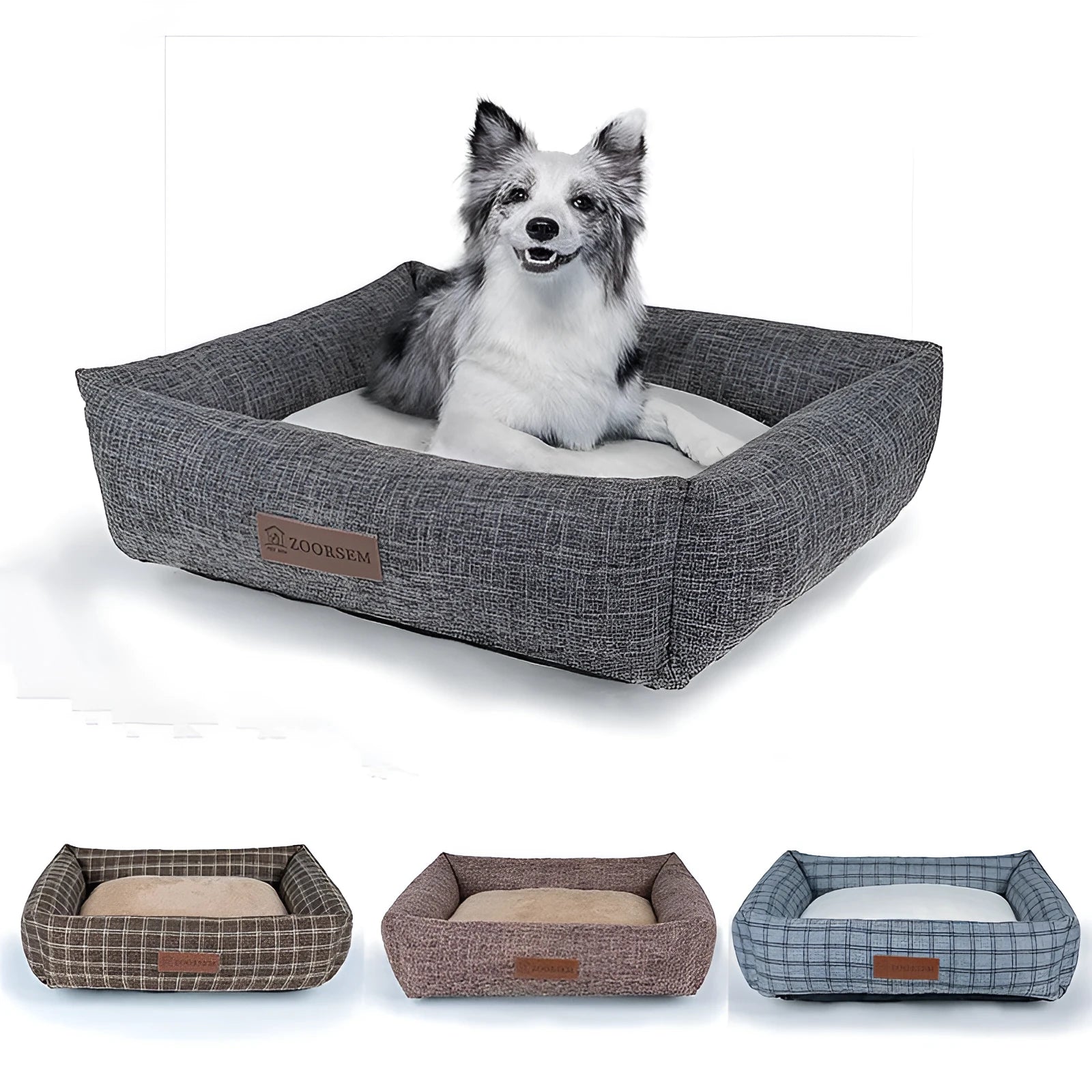 Square grey linen dog bed on a wooden floor for autumn and winter.