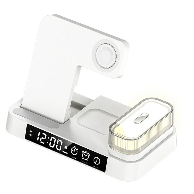 White 4-in-1 wireless charging station with foldable phone stand, alarm clock display, and RGB night light