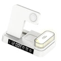 White 4-in-1 wireless charging station with foldable phone stand, alarm clock display, and RGB night light