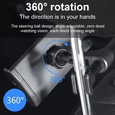 Black universal car phone holder mounted on a rear car seat, holding a tablet for navigation.