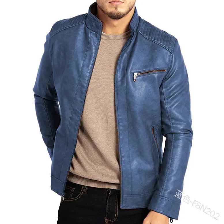 Man wearing a brown punk-style stand collar artificial leather motorcycle jacket with patch pockets.