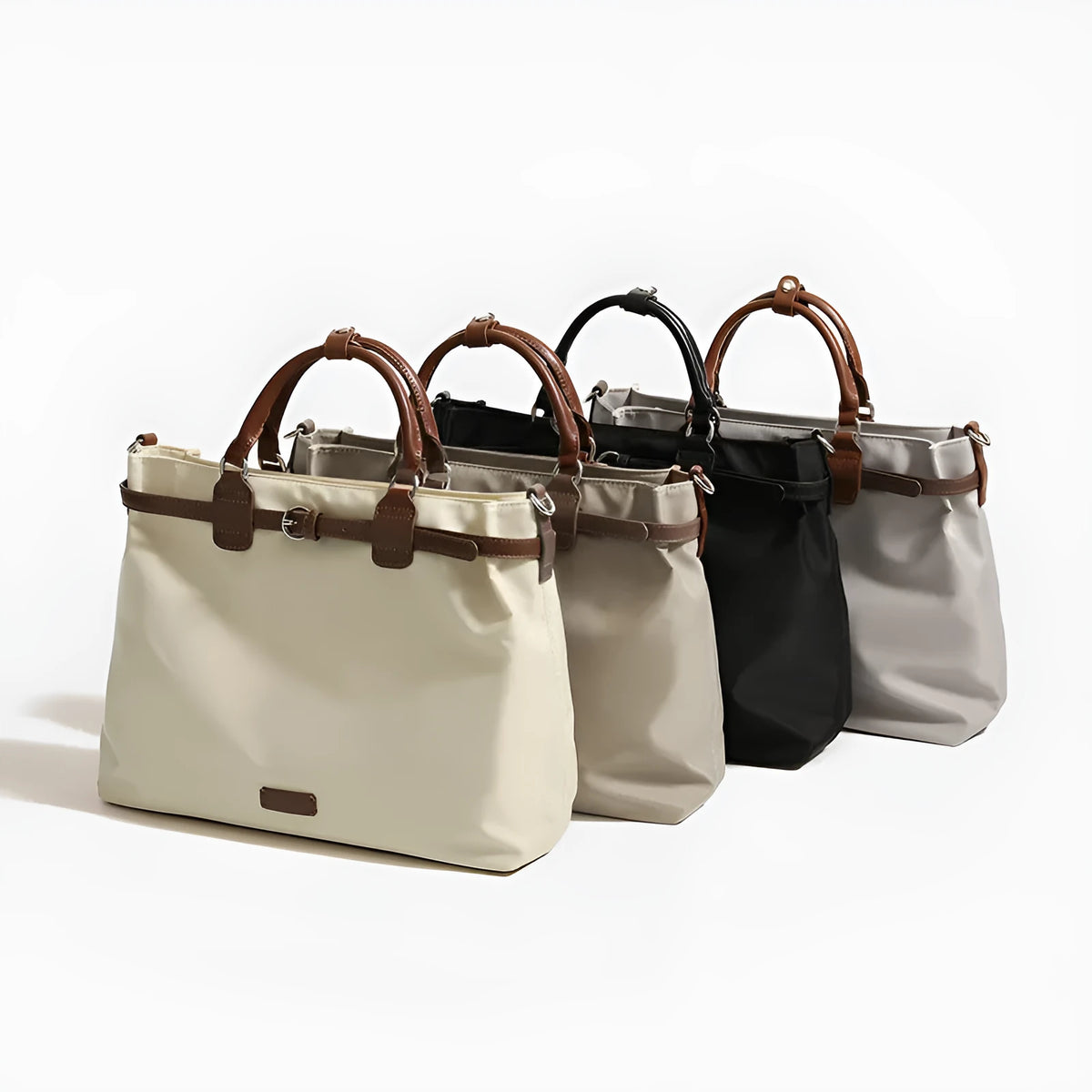 Women's nylon tote bag with organisation pockets in black colour showing internal compartments