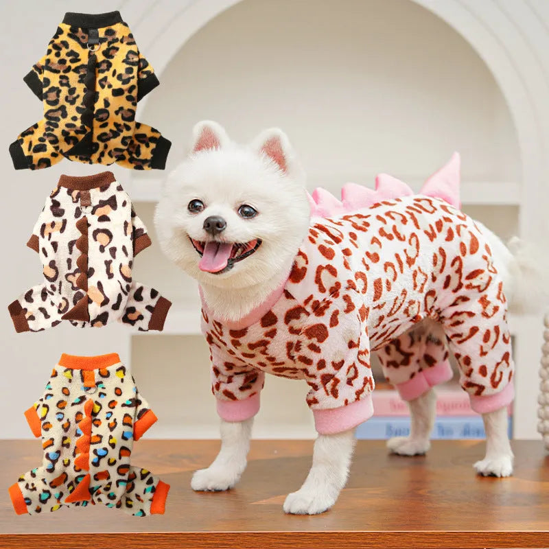 Four-legged leopard print dinosaur dog jumper in pink, polyester, sizes XS to 2XL for French Bulldogs