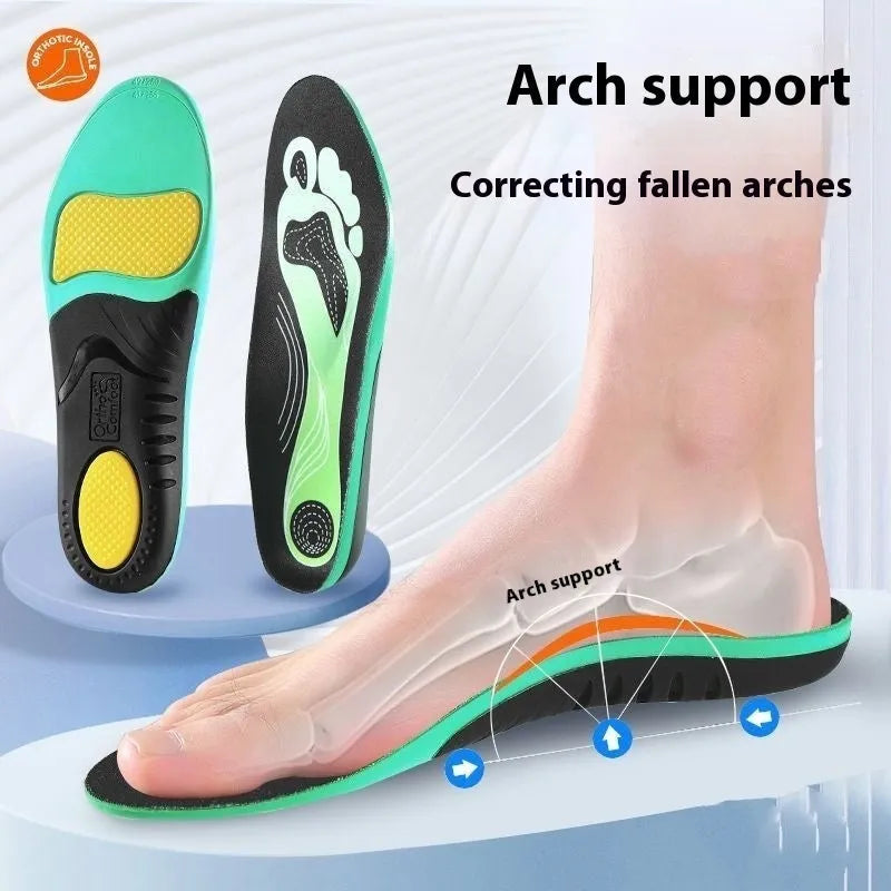 Blue and green PU flat foot correction insoles showing arch support structure