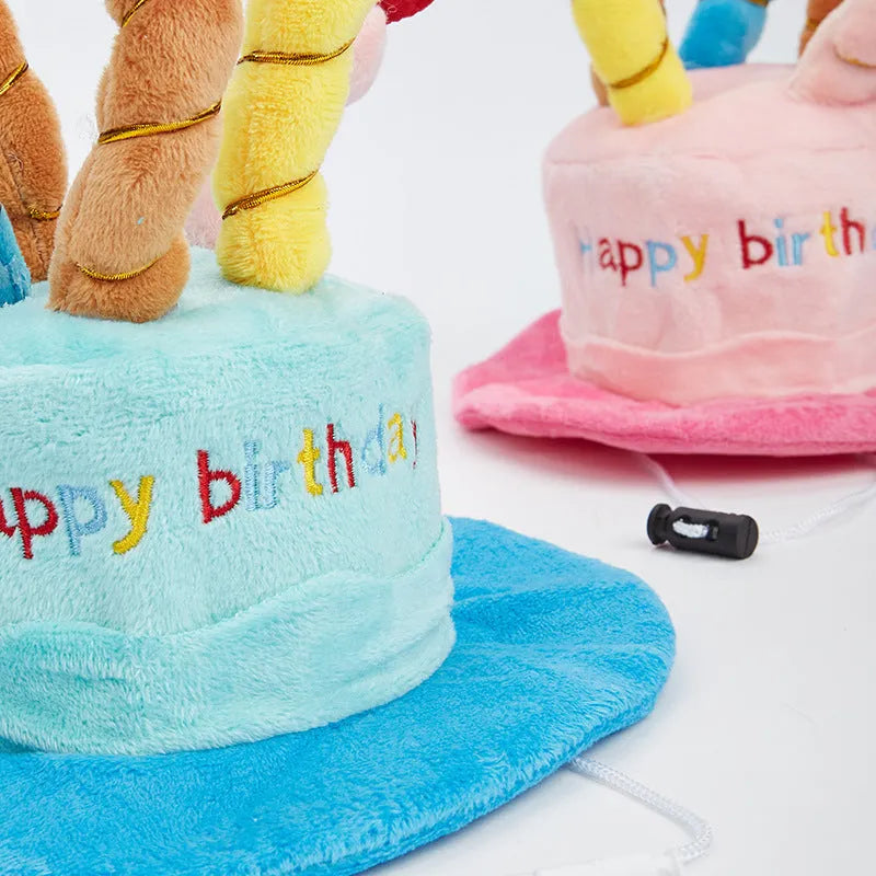 Blue and pink small dog birthday hat toy showing 21cm by 15cm by 6.5cm dimensions