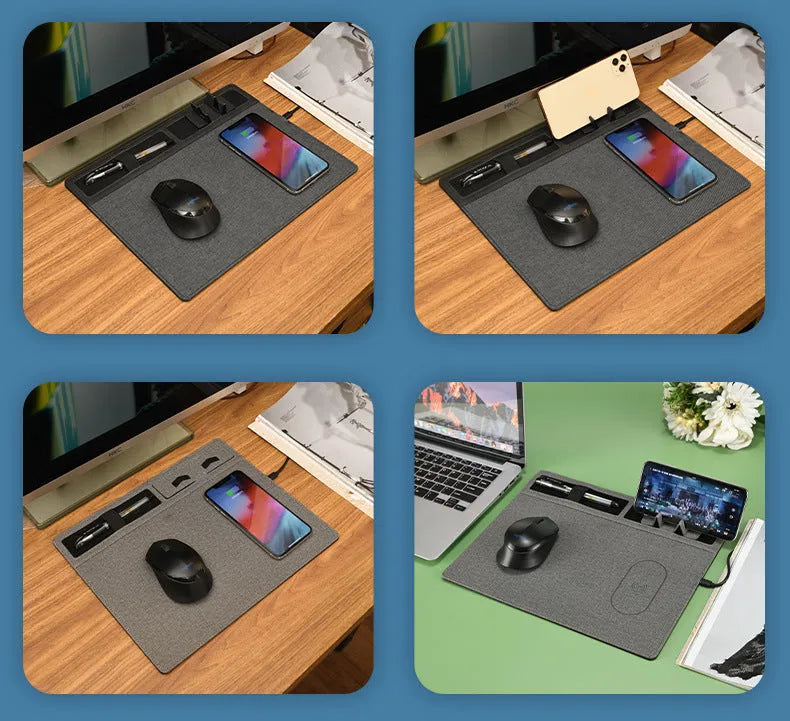 Wireless charging mouse pad with phone holder in multiple colours showing 320x260mm dimensions
