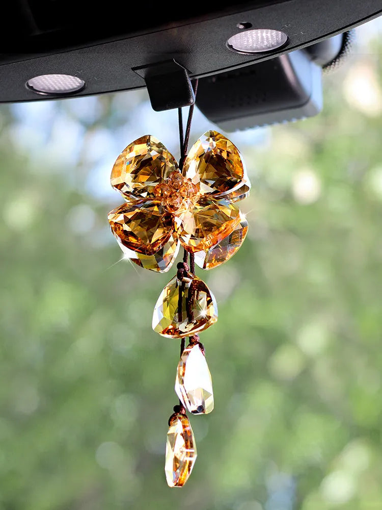 Crystal four leaf grass car pendant approximately 20cm long in transparent colour variation