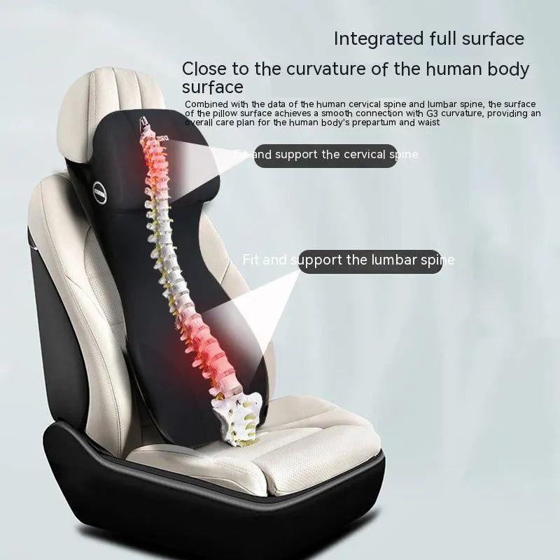 Black automotive memory foam seat cushion with integrated lumbar support headrest pillow.