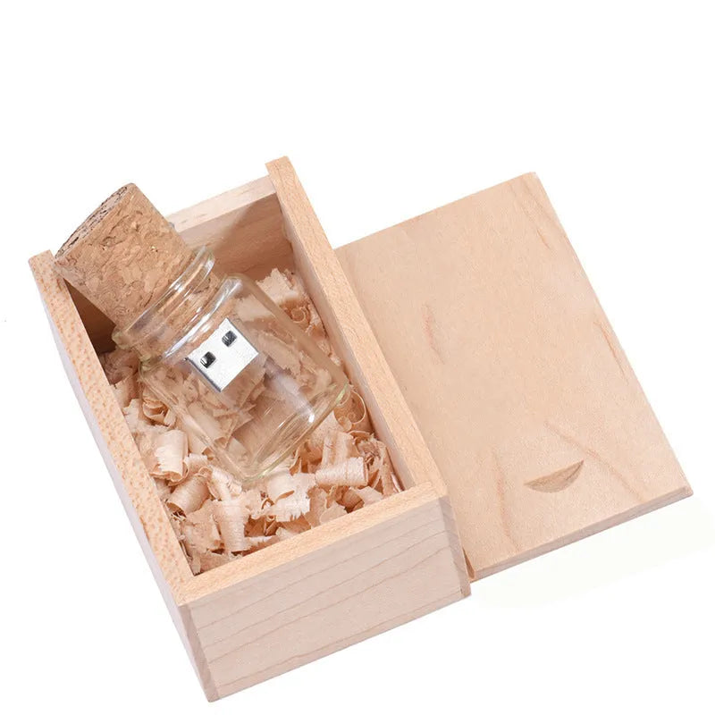 Personalised wooden USB flash drive with custom driftwood bottle storage disk design in chocolate brown