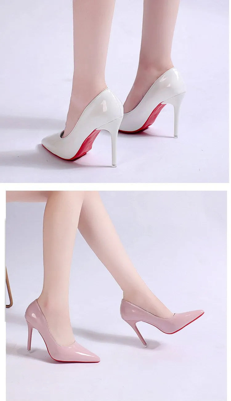 Women's solid colour stiletto heel pumps with pointed toe and shallow cutout design