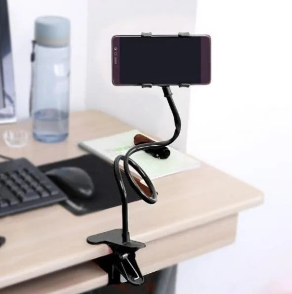 Black portable phone holder with long flexible arm and V-type clip on a desk