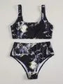 Women's marble tie-dye high waist bikini swimwear with U-neck design