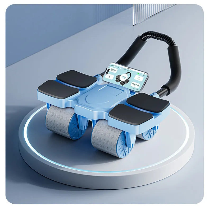 Black and blue automatic rebound abdominal wheel on a floor, showing four wheels and smartphone with fitness app.