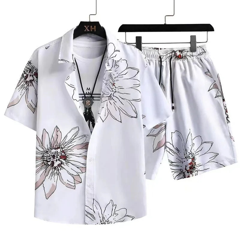 Men's digital print casual suit with short sleeve shirt and matching shorts in flexible polyester fabric